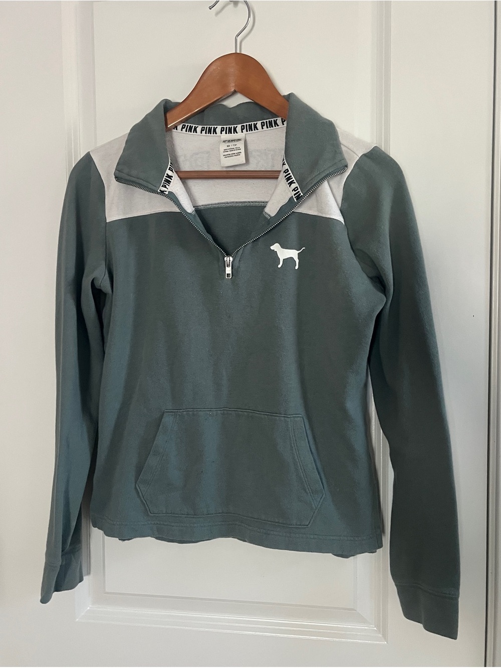 Victoria's Secret PINK Green and White Half-Zip Pullover